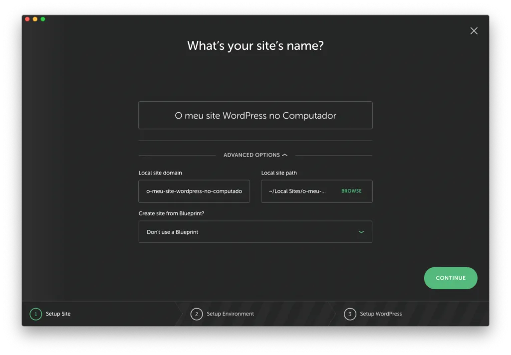 Flywheel - Criar Site WordPress - ecrã 1