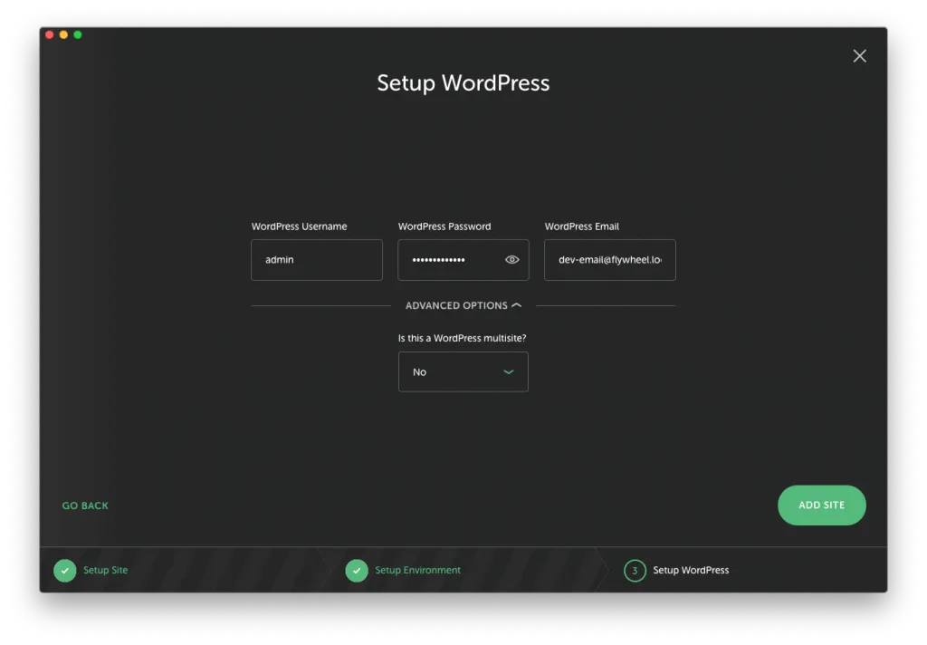 Flywheel - Criar Site WordPress - ecrã 3
