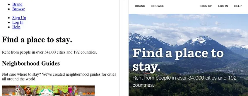 O site do AirBnB com e sem CSS