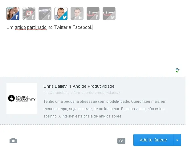 Um artigo partilhado no Twitter e Facebook com o Buffer