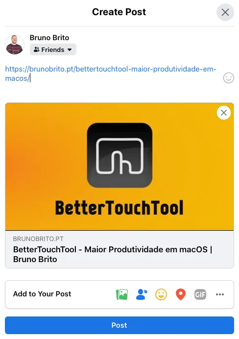 Partilha no Facebook antes de editar as tags Open Graph