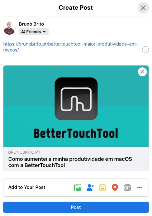 Partilha no Facebook depois de editar as tags Open Graph