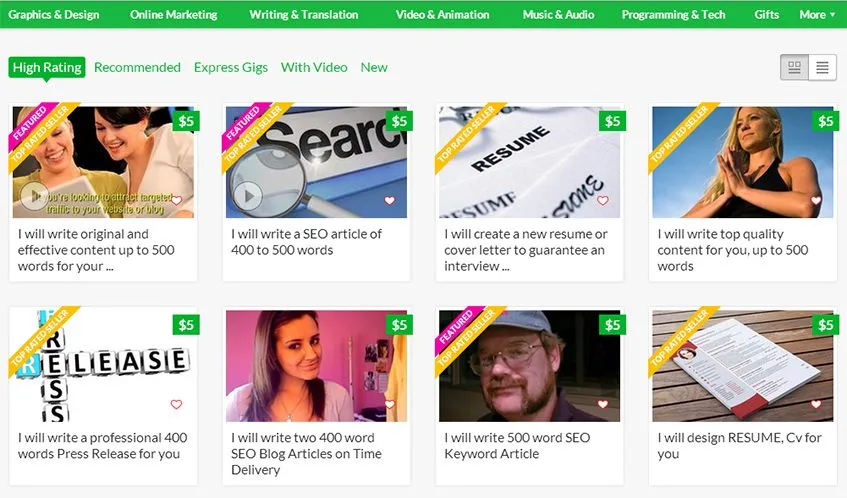 O Fiverr, onde tudo custa a partir de $5