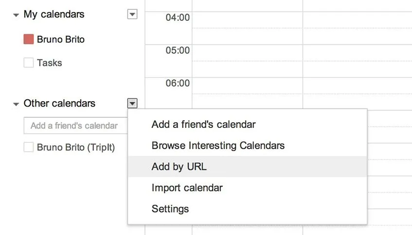 "Add by URL" no Google Calendar (passo 1)