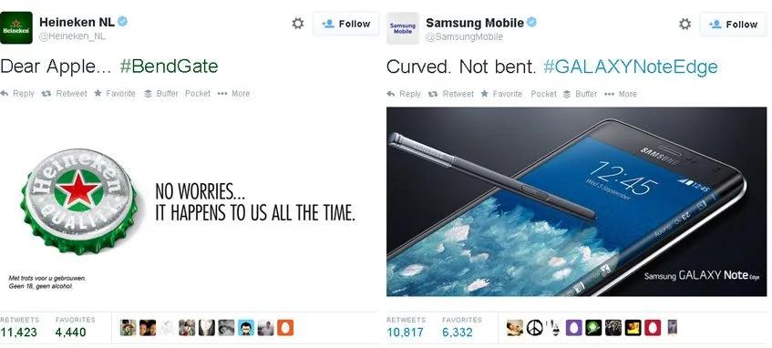 Heineken e Samsung aproveitando o #bendgate