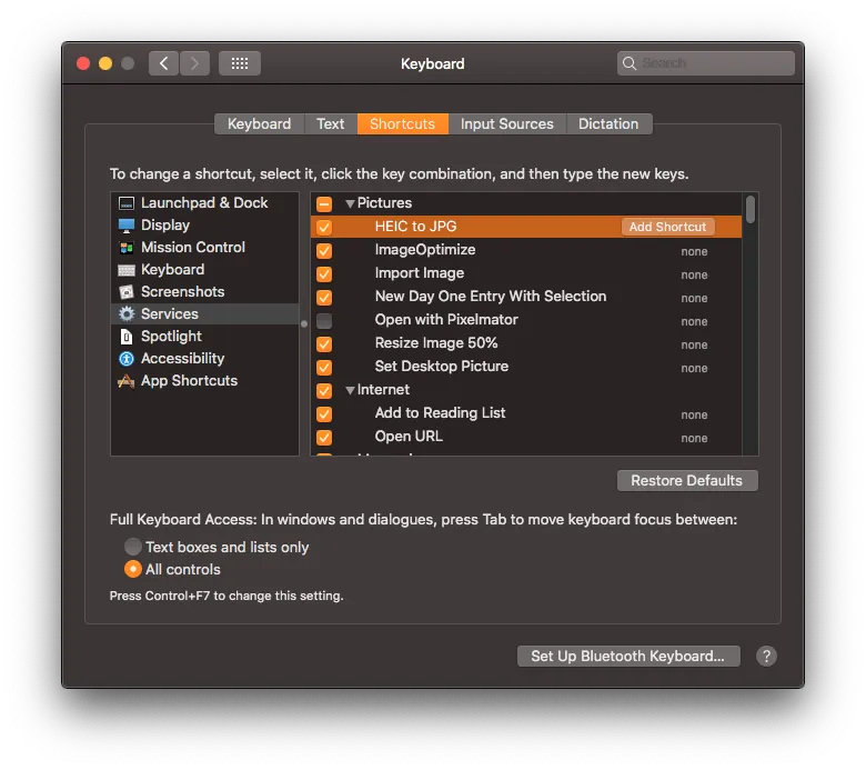 Keyboard - Shortcuts - Services