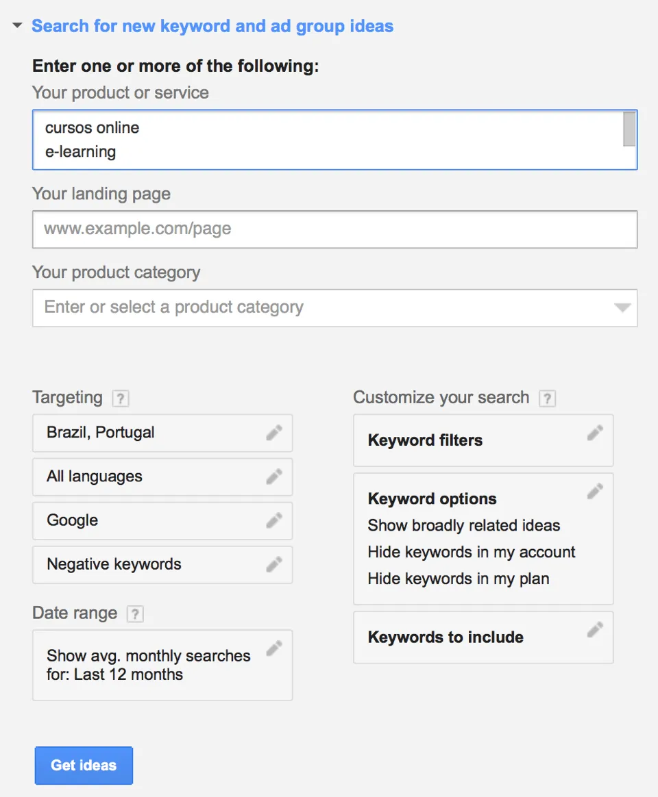 Google Keyword Planner com palavras-chave