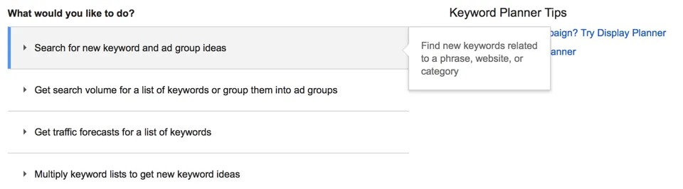 Google Keyword Planner - Opções