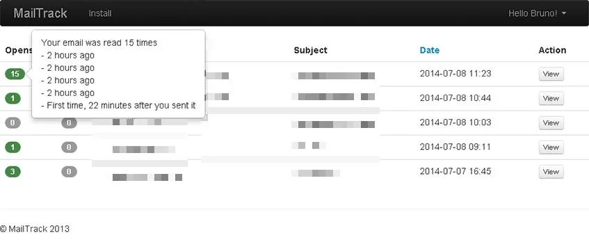 O dashboard do MailTrack