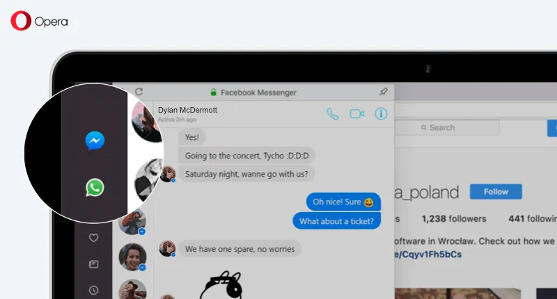 Opera com Messenger e WhatsApp na barra lateral