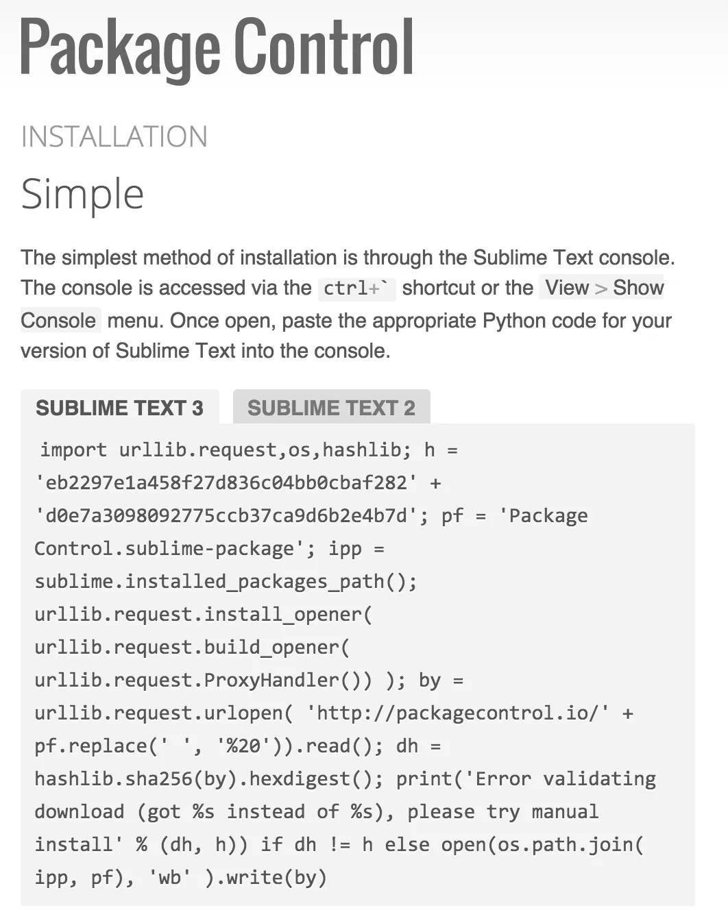 O código que deves colar para instalar o Package Control