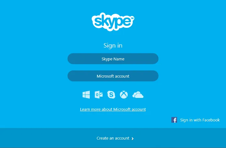 Ecrã de login do Skype