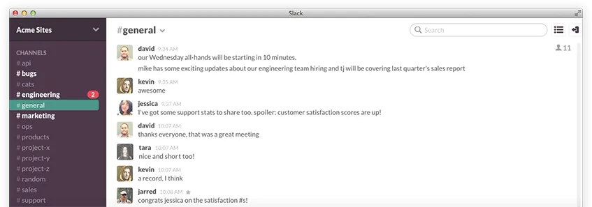O ecrã principal do Slack