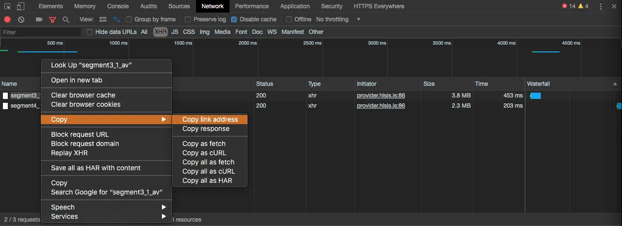 Copy Link Address na aba Network das Chrome DevTools