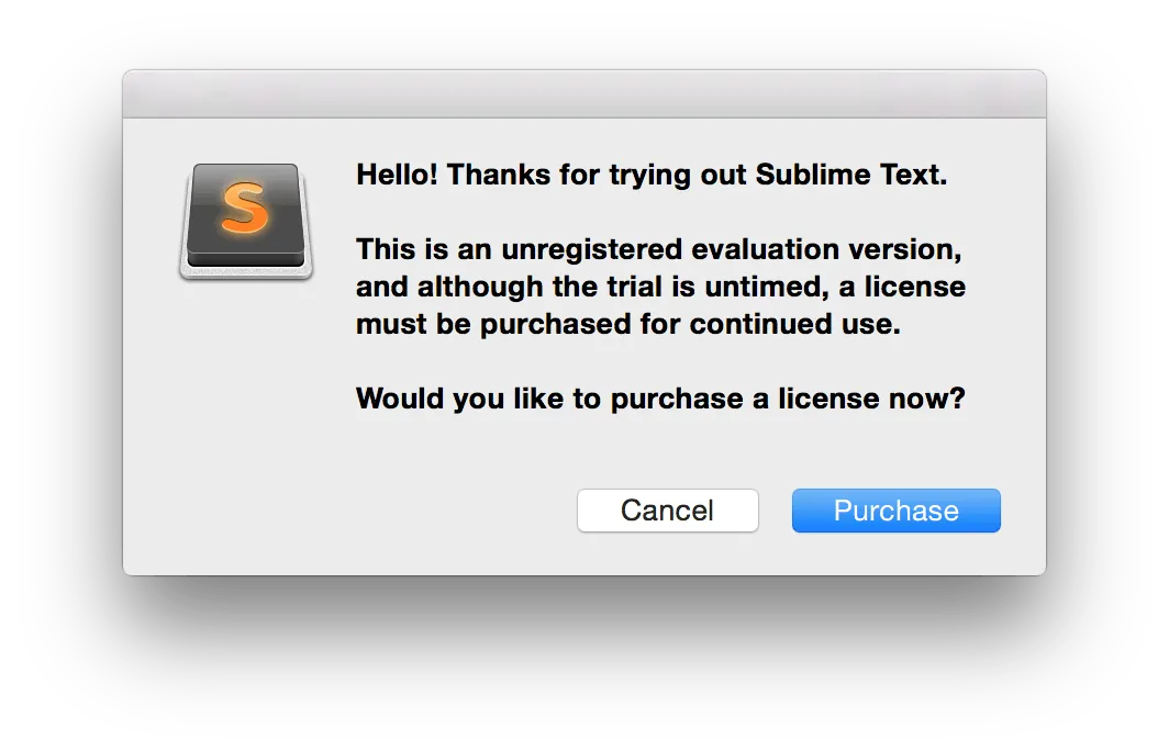 O pop-up da versão gratuita do Sublime