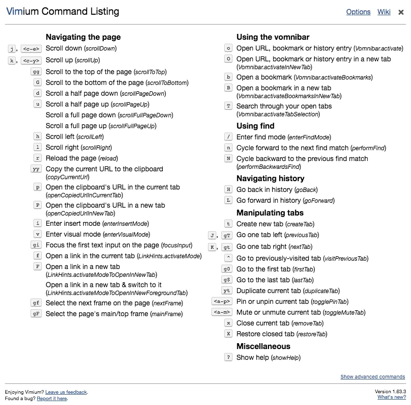 Vimium lista de comandos